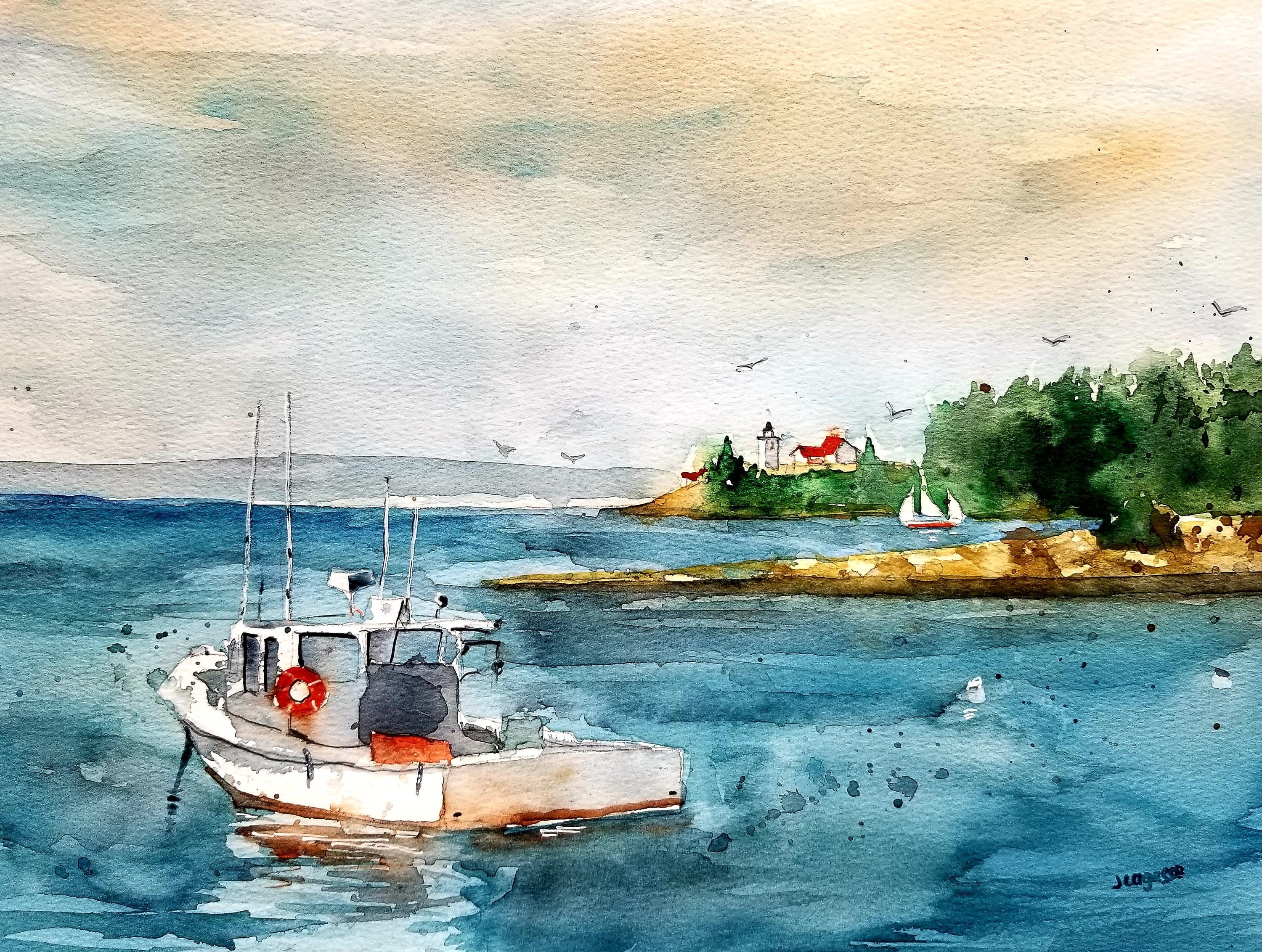 5 x 7" Lobster Boat, Maine coast, maine lobster boat, 5 x 7 prints, boat prints, lobsters, maine , watercolor prints