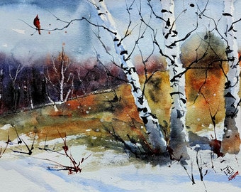 Watercolor Original painting, Winter Landscape Painting, Maine art, Maine landscape, Original watercolor painting, Jim Lagasse, painting