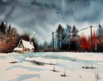 Watercolor Original painting, Winter Landscape Painting, Maine art, Maine landscape, Original watercolor painting, Jim Lagasse, painting