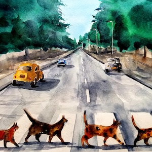 ACEO Impressão Aceo Edição Limitada Cartão de Arte Impressão em Aquarela Pintura de Paisagem Arte Colecionável Arte em Miniatura Arte Sem Moldura, Beatles, gatos