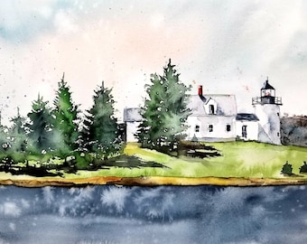 Watercolor Print/LANDSCAPE original watercolor/original painting modern /LANDSCAPE PAINTING /Lighthouse Prints/Maine Art/Jim Lagasse