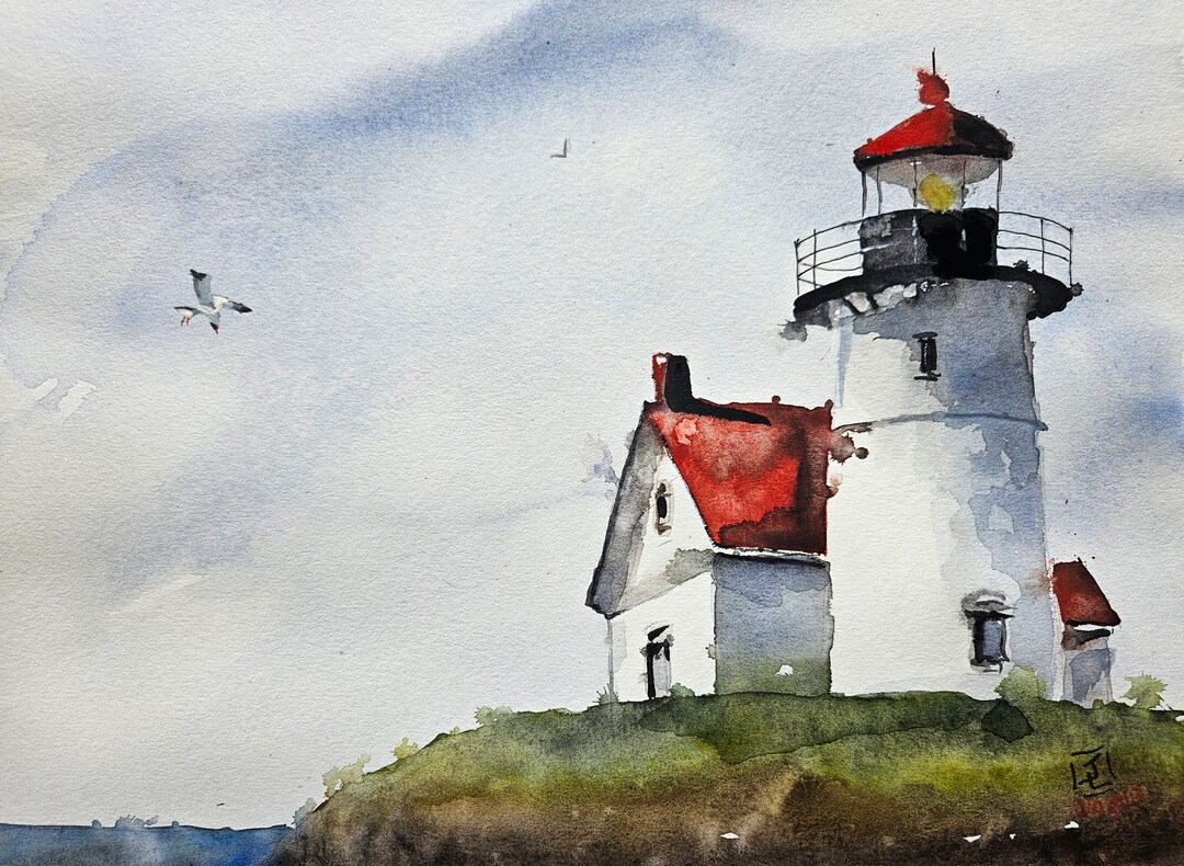 Lighthouse Original Painting Watercolor, Lighthouse Painting ...