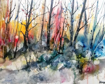 May include: Watercolor painting of a forest scene with a variety of colors, including red, orange, yellow, blue, and green. The trees are bare and the ground is covered in leaves. The painting has a soft, dreamy feel.