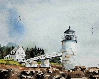 Lighthouse Original painting Watercolor, Lighthouse Painting, lighthouse, Pinetreeart, Marshall Point, landscape, painting, Maine