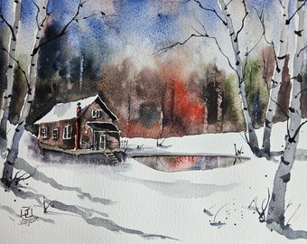 Watercolor Original painting, Winter Landscape Painting, Maine art, Maine landscape, Original watercolor painting, Jim Lagasse, painting