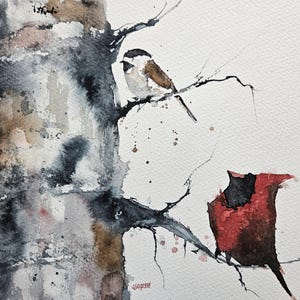 Chickadee and Cardinal on Birch Tree – Original 11x14 Watercolor Bird Painting, Woodland Winter Wall Art