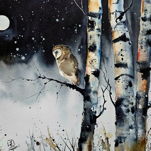 Barn owl Print, owl prints, animal art, bird painting, animals, watercolor print, birch tree print, wall art, animal wall art, prints,