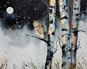 Impressão de coruja-das-torres, impressões de corujas, arte animal, pintura de pássaros, animais, impressão em aquarela, impressão de bétula, arte de parede, arte de parede com animais, impressões