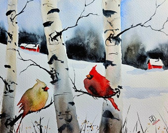 Cardinal Painting, Cardinal Art, children's room art, ORIGINAL, Bird art , watercolor painting, original WATERCOLOR, Painting Animal Art