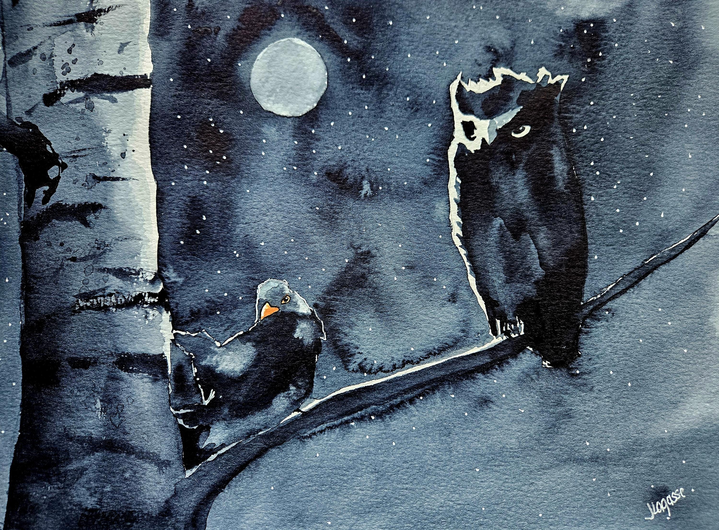 Owl Wall Art Watercolor &ndash; Moonlit Night Forest Scene, Blue Winter Woodland Decor, 11x14 Origin