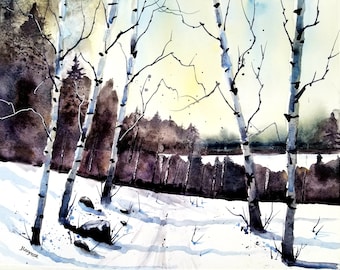 May include: Watercolor painting of three birch trees in a snowy landscape. The trees are white with black markings and are set against a background of dark green and blue.