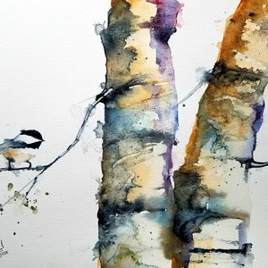 Chickadee Print, watercolor print, original art, wall art, Bird print, Maine bird, birch tree art, birch tree print, bird print, Lagasse