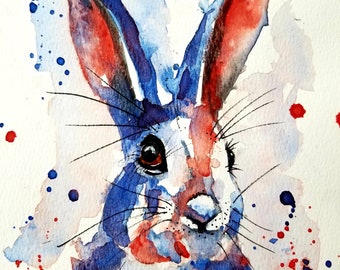 Rabbit Painting, Animal Art, children's room art, ORIGINAL, Hare , watercolor painting, original WATERCOLOR , Rabbit Painting Animal Art