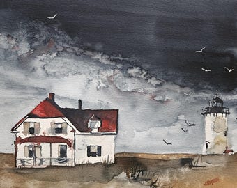 Lighthouse Painting, Original painting of a lighthouse, seascape painting, watercolor lighthouse, Maine artist, Original painting, Lagasse