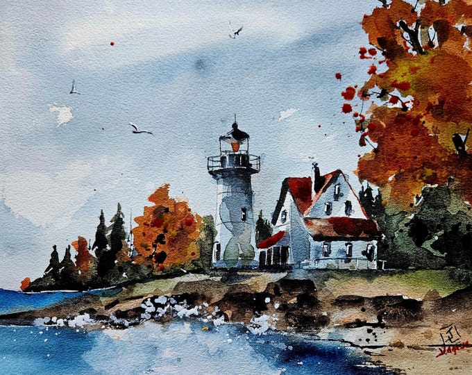 Lighthouse Original Painting Watercolor, Lighthouse Painting ...