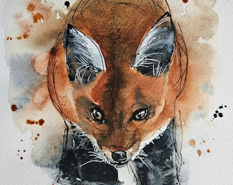 Original Fox Painting, fox art, fox watercolor, Ink and watercolor painting, original art animals, nursery art, room decor, animal paintings