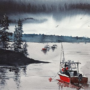Aquarelprint/vuurtoren originele aquarel/originele print, kreeftenboot /LANDSCAPE print /Lighthouse prints/Maine Art/Jim Lagasse