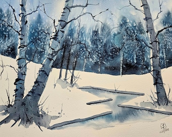 Watercolor Original Painting, birch tree painting, Landscape painting, Wall art, birch tree, watercolor painting, Jim Lagasse, Maine artist