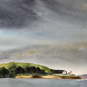 Pintura de faro, pintura original de un faro, pintura de paisaje marino, faro de acuarela, artista de Maine, Isla Curtis