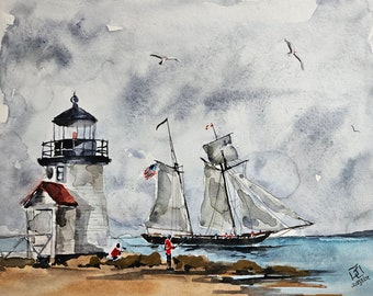 Lighthouse Original painting Watercolor, Lighthouse Painting, watercolor lighthouse, Pinetreeart, WATERCOLOR, landscape, Cape cod