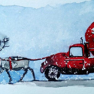 Aangepaste familie schilderij aquarel kerstkaart-rode wagen / rendier / aangepaste schilderij