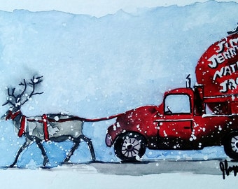 Custom Family Painting Watercolor Christmas Card -Red Wagon /Reindeer/ Custom Painting