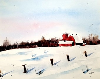 ORIGINAL painting watercolor, painting original WATERCOLOR Red Barn Art/jim lagasse/watercolor original/Landscape Painting