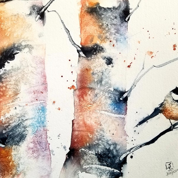 Chickadee Painting, Original watercolor painting, original art, Birch Tree, Bird painting, Maine bird, chickadee original painting, lagasse