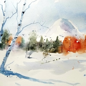 Könnte beinhalten: Aquarellgemälde einer Winterlandschaft mit zwei Birken im Vordergrund, einem schneebedeckten Berg im Hintergrund und einer Reihe von Nadelbäumen im Mittelgrund. Die Bäume sind in Grün-, Braun- und Orangetönen gemalt, und der Schnee ist weiß.