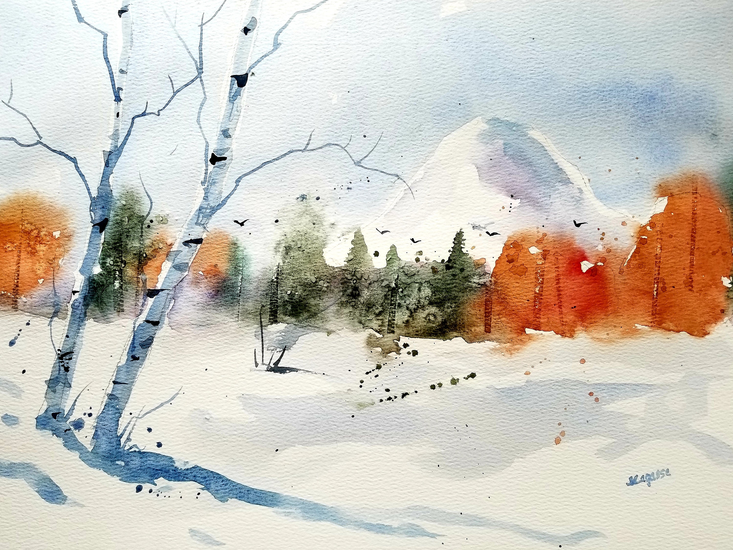 風景画、風景水彩画、オリジナルの風景画、風景画、冬の風景、水彩風景