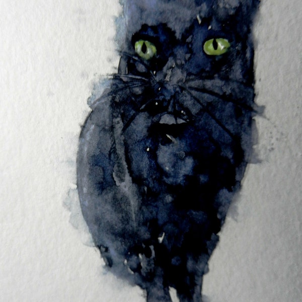 Original Watercolor Painting- Halloween Black Cat