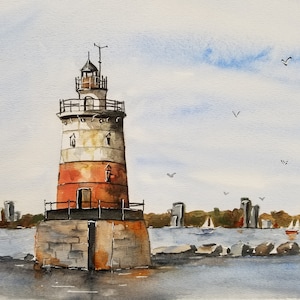 Pintura original de faro Acuarela, Pintura de faro, faro de acuarela, Pinetreeart, ACUARELA, paisaje, pintura, Maine