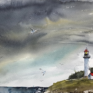 Leuchtturm Gemälde Aquarell, Leuchtturm Malerei, Leuchtturm, Pinetreeart, Maine Hafen, Landschaft, Malerei, Maine