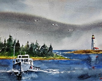 Lighthouse Original painting Watercolor, Lighthouse Painting, lighthouse, Pinetreeart, Lobster boat, landscape, painting, Maine