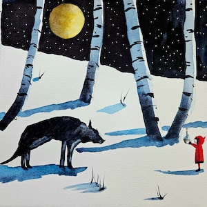 Caperucita Roja, impresión, impresión animal, arte animal, impresión de paisaje, impresión de guardería, arte de pared, jim lagasse, paisaje de invierno, animales