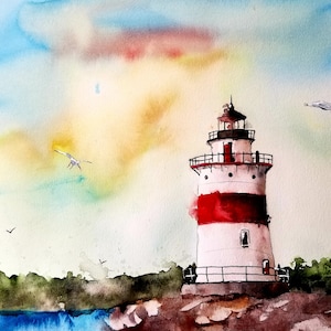 Aquarelprint/vuurtoren originele aquarel/originele print, modern /LANDSCAPE print /Lighthouse prints/Maine Art/Jim Lagasse