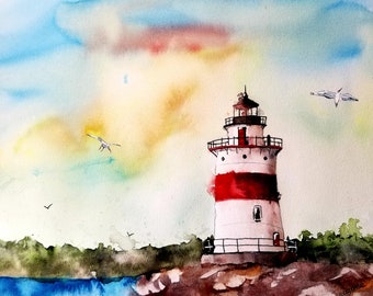 Watercolor Print/Lighthouse original watercolor/original print, modern /LANDSCAPE Print /Lighthouse Prints/Maine Art/Jim Lagasse