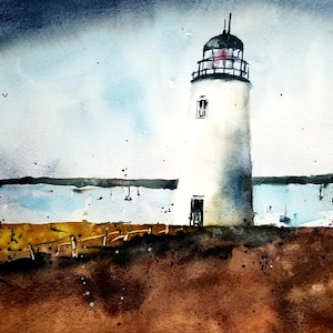 Pintura original de faro Acuarela, Pintura de faro, Faro de Bass Harbor, Pinetreeart, ACUARELA, paisaje, pintura, Maine