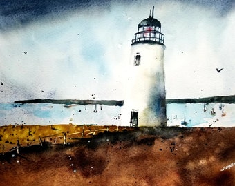 Lighthouse Original painting Watercolor, Lighthouse Painting, Bass Harbor lighthouse, Pinetreeart, WATERCOLOR, landscape, painting, Maine
