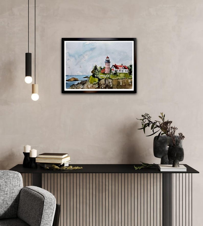 Quoddy Head Light, Maine – Original akvarellmålning av fyr 9 x 12 bild 3