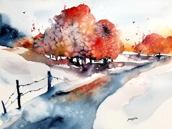 水彩画プリント/風景 オリジナル水彩画プリント、半抽象 /風景画