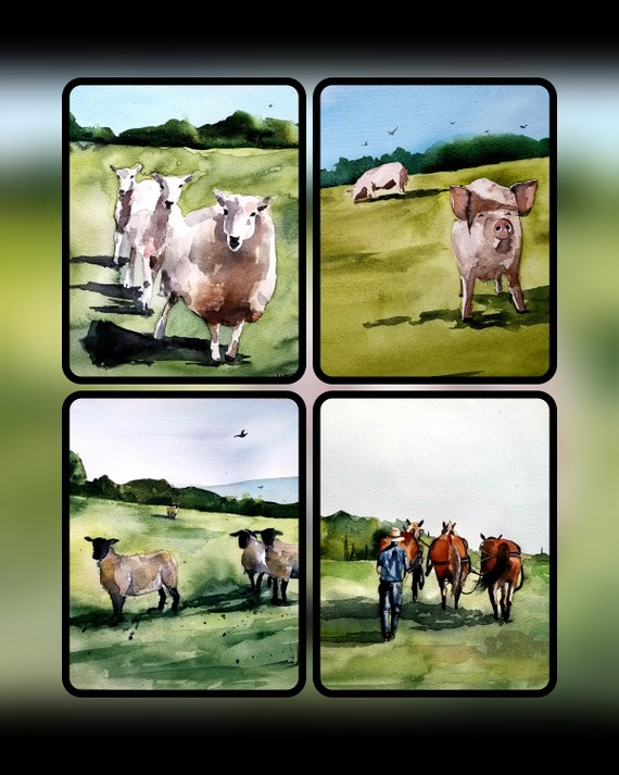 豚の絵、水彩画、豚、動物アート、農場の動物、動物の絵、動物