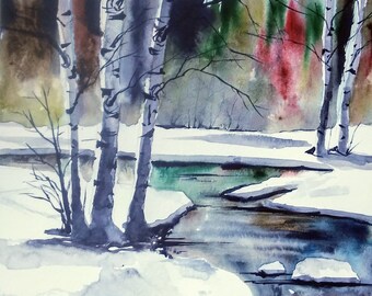 Original Watercolour Painting by Jim Lagasse | Trees Painting | Original Landscape Watercolour | Winter Trees Painting | Original Watercolor