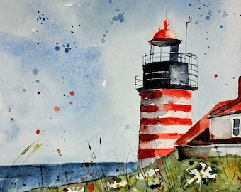 灯台オリジナル絵画水彩画、灯台の絵画、水彩画灯台、パインツリー