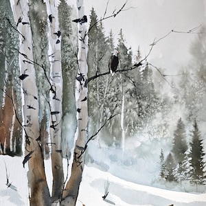 Winter Forest Watercolor Print – Eagle and Fox in Snowy Woods – Original 11 x 14 Wildlife Art – Woodland Nature Wall Decor, Print