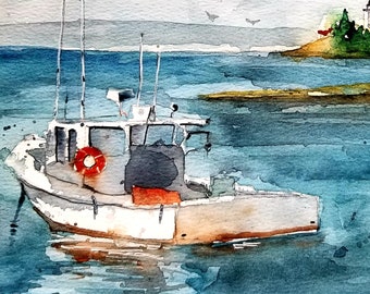 Lobster Boat watercolor print. seascape. limited edition print, jim lagasse, wall decor, Boats, wall art, watercolor prints, seascape