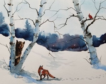 ACEO Print Aceo Limited Edition Art Card Watercolor Painting Landscape Painting Collectible Art Miniature Art Unframed Art, fox print