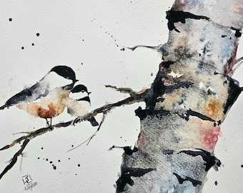 Chickadee Print, nursery prints, original art, wall art, Bird painting, Maine bird, chickadee original prints, Bird prints, birch tree