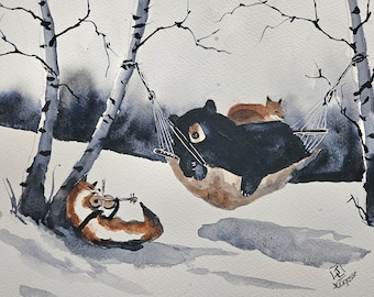 The Fox and the Bear Painting. Original Children's book art. nursery art, kid's room art, Fox Painting, Bear painting, Watercolor