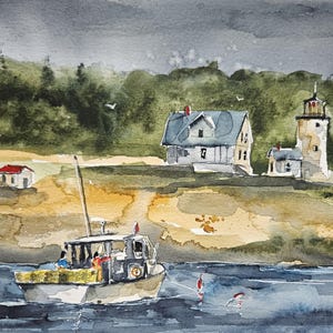 Faro Pintura original Acuarela, Pintura de faro, acuarela faro, envío gratis, ACUARELA, paisaje, pintura, Maine